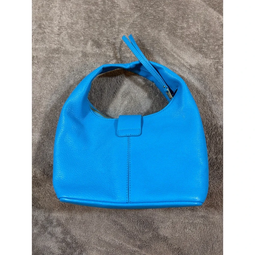 & Other Stories Blue Pebbled Leather Mini Buckle Bag Hobo Handbag Gold Hardware